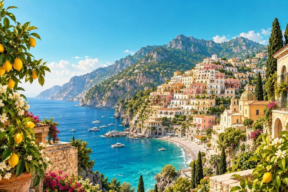 Illustration of a colourful village on the Italian coast