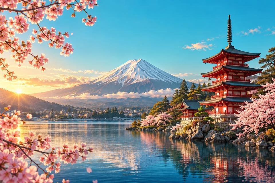 Illustration of Mount Fuji with a red pagoda and cherry blossom